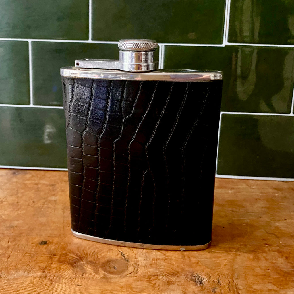 Antique Hip Flask in Black Crocodile