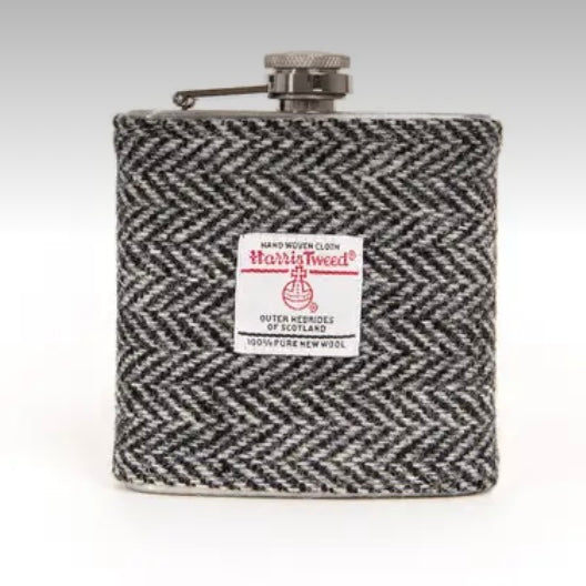 Harris Tweed Hip Flask in Black Herringbone