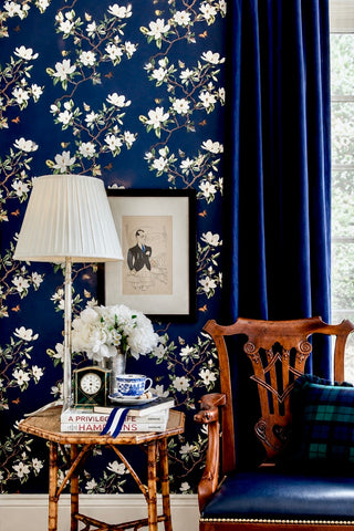 Hawthorne Floral Wallpaper in Tartan Navy