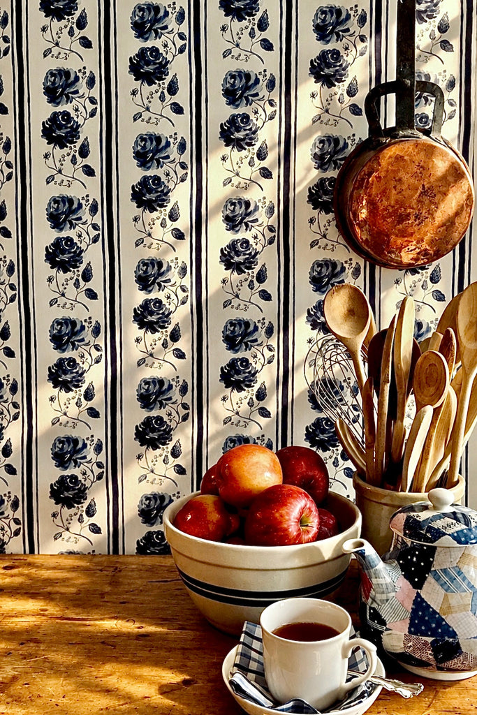 Beatrice Floral Stripe Wallpaper in Willow Blue